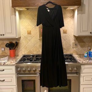 NWT black v neck jersey knit elegant dress with kimono sleeves, side slit